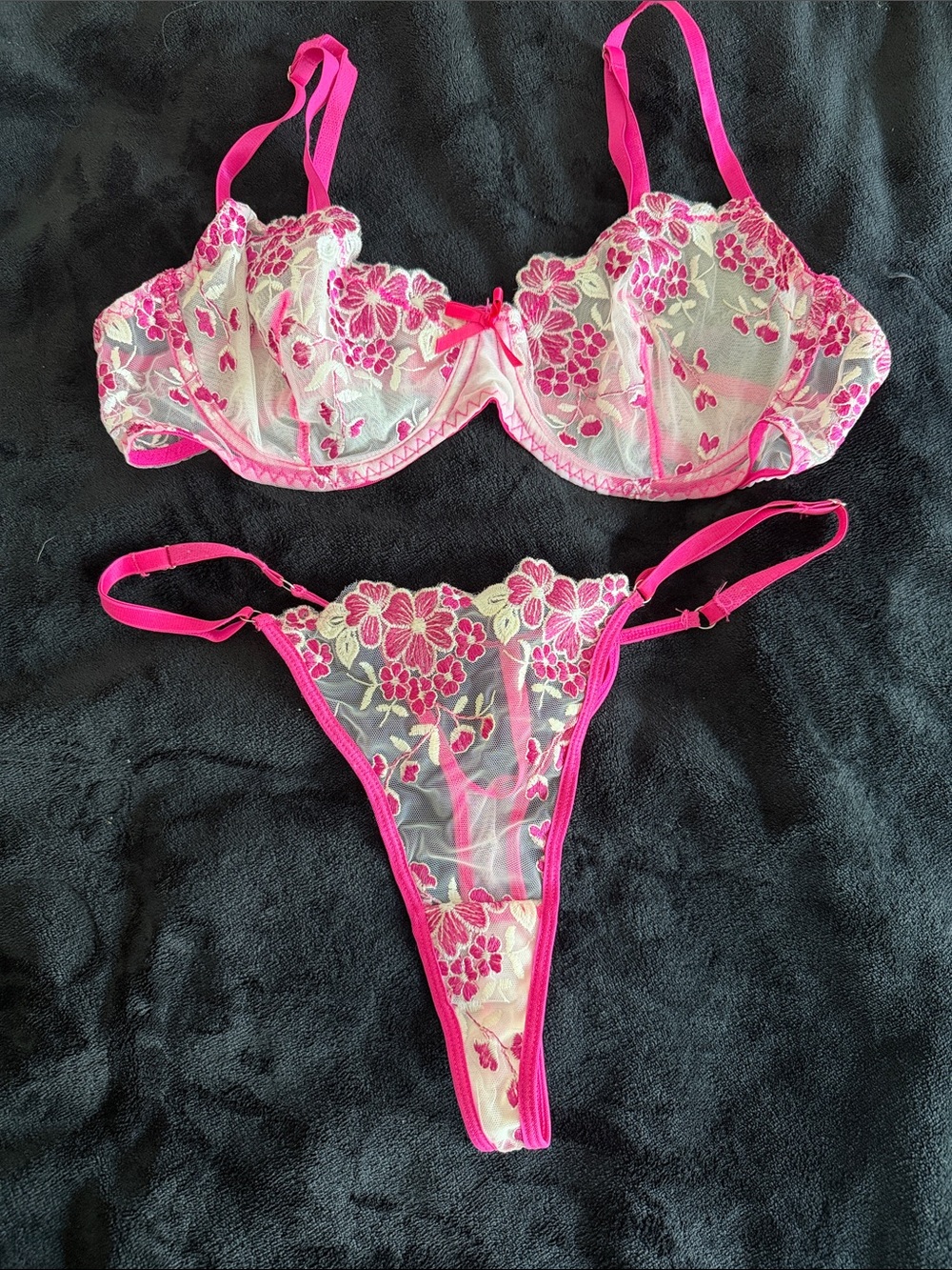 Pink Floral Embroidered Lace Bra & Thong Set